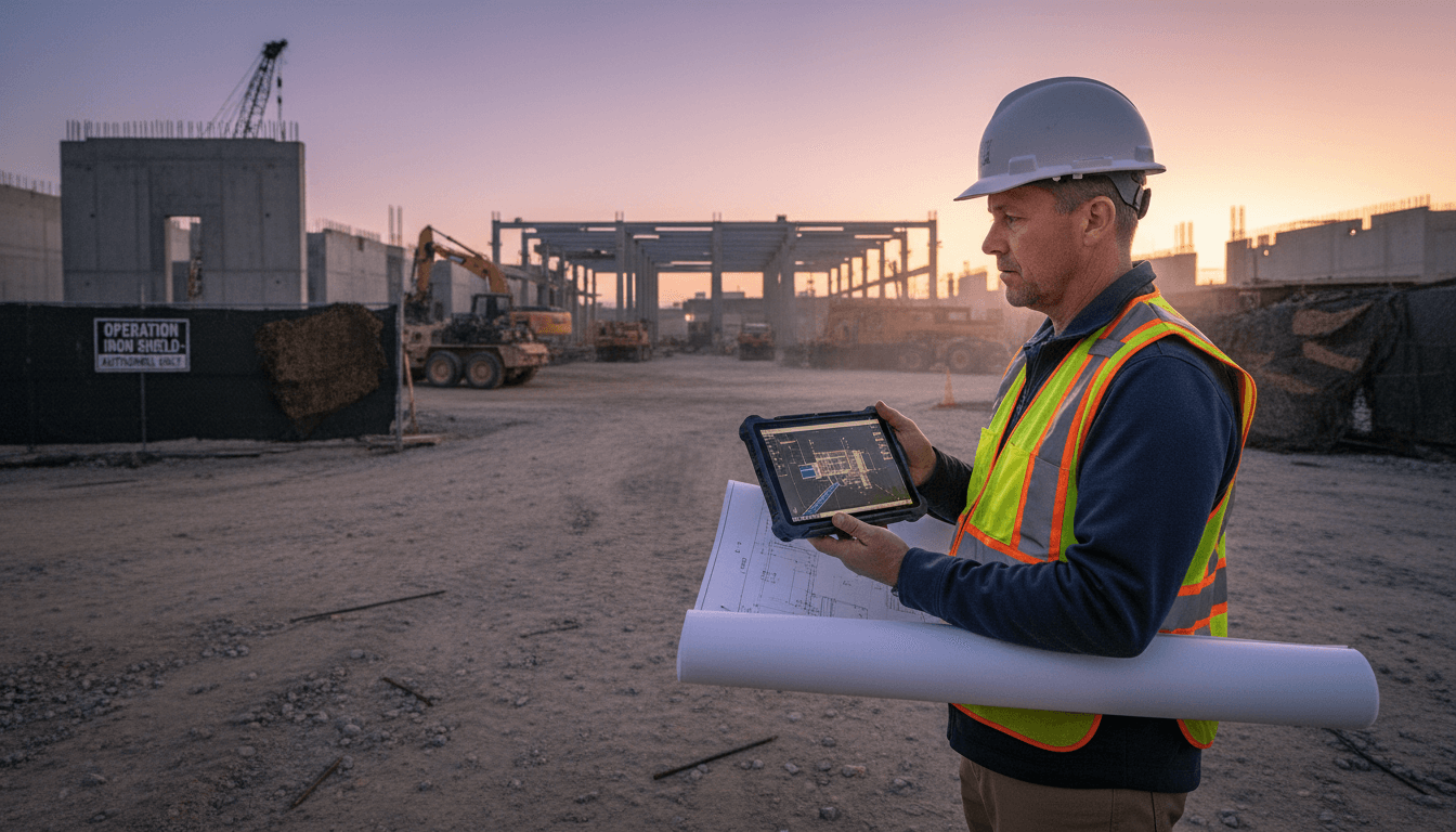Professional construction site manager reviewing technical documentation with blueprint and tablet on military construction project site